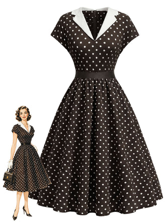 [Prévente] Robe Évasée Marron à Pois Col Cranté Manches Courtes Années 1950