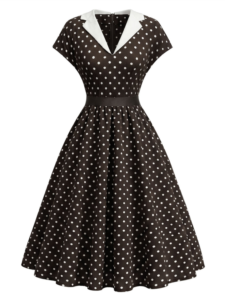 [Prévente] Robe Évasée Marron à Pois Col Cranté Manches Courtes Années 1950 2
