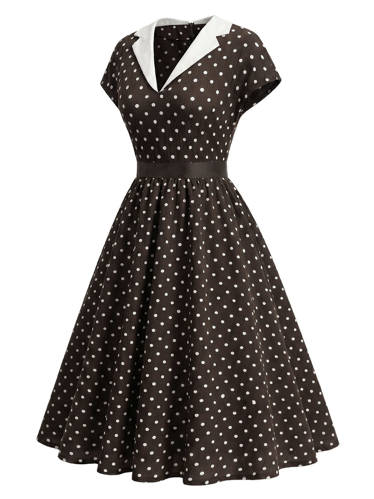 [Prévente] Robe Évasée Marron à Pois Col Cranté Manches Courtes Années 1950 3