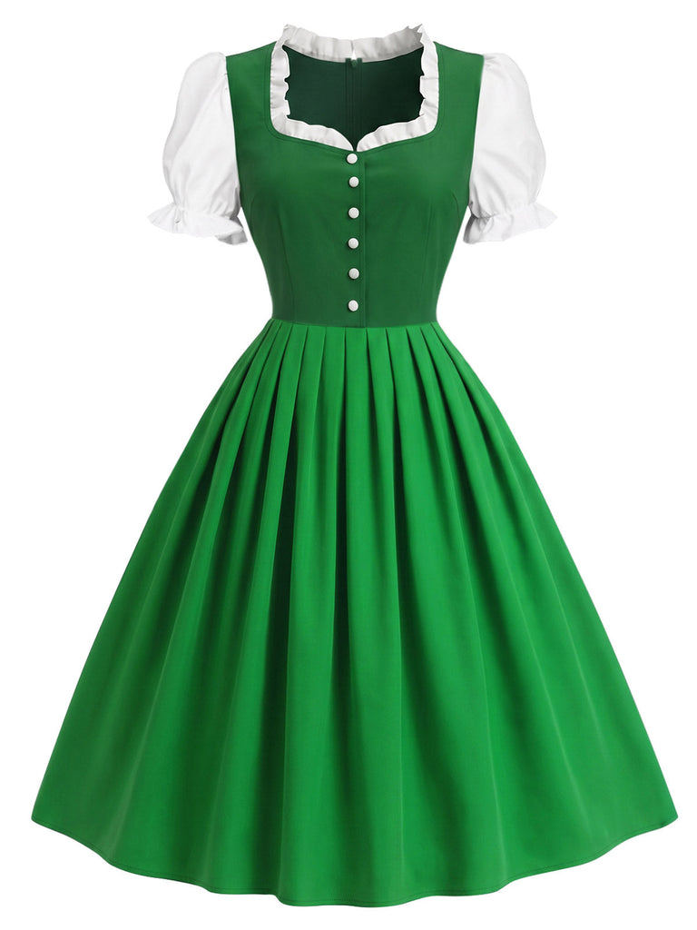 [Prévente] 2PCS Vert Bleu Dirndl Manches Bouffantes Robe Folk Années 1950