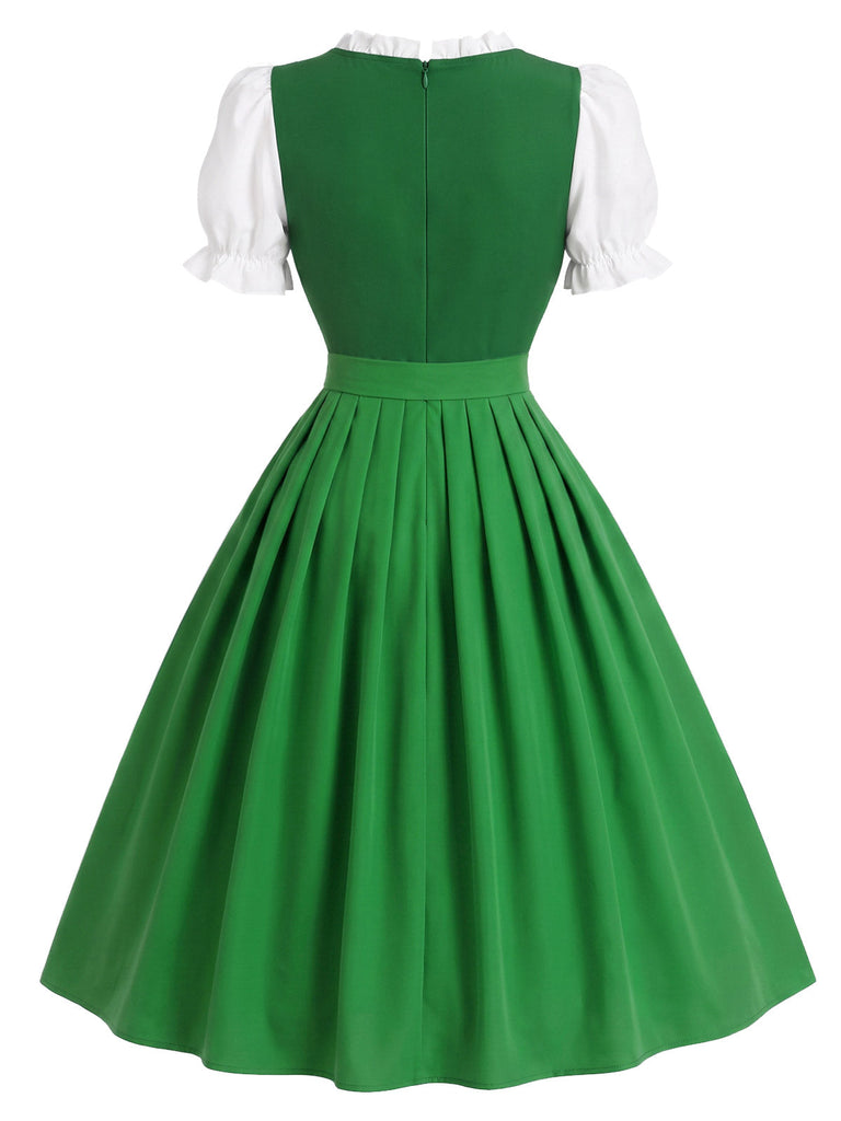 [Prévente] 2PCS Vert Bleu Dirndl Manches Bouffantes Robe Folk Années 1950