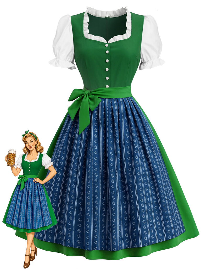 [Prévente] 2PCS Vert Bleu Dirndl Manches Bouffantes Robe Folk Années 1950