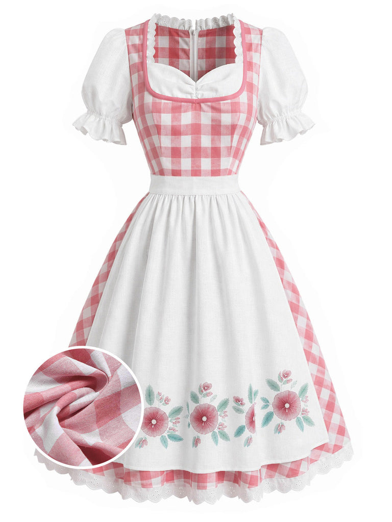 [Prévente] 2PCS Robe Bouffante à Carreaux Floraux Rose et Blanc avec Tablier Années 1950