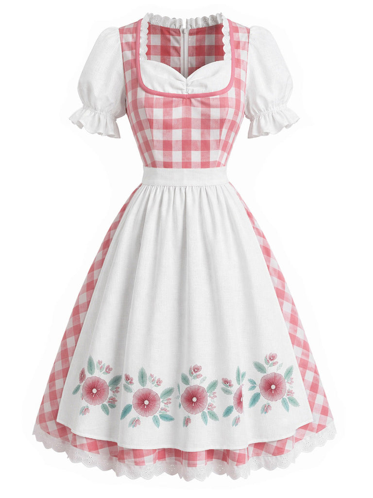 [Prévente] 2PCS Robe Bouffante à Carreaux Floraux Rose et Blanc avec Tablier Années 1950