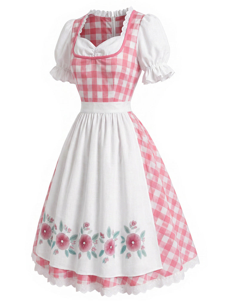 [Prévente] 2PCS Robe Bouffante à Carreaux Floraux Rose et Blanc avec Tablier Années 1950