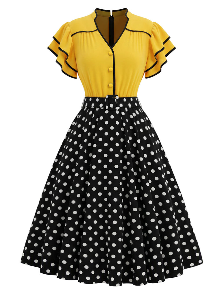[Prévente] Robe Jaune et Noir à Pois Volant Patchwork Années 1950
