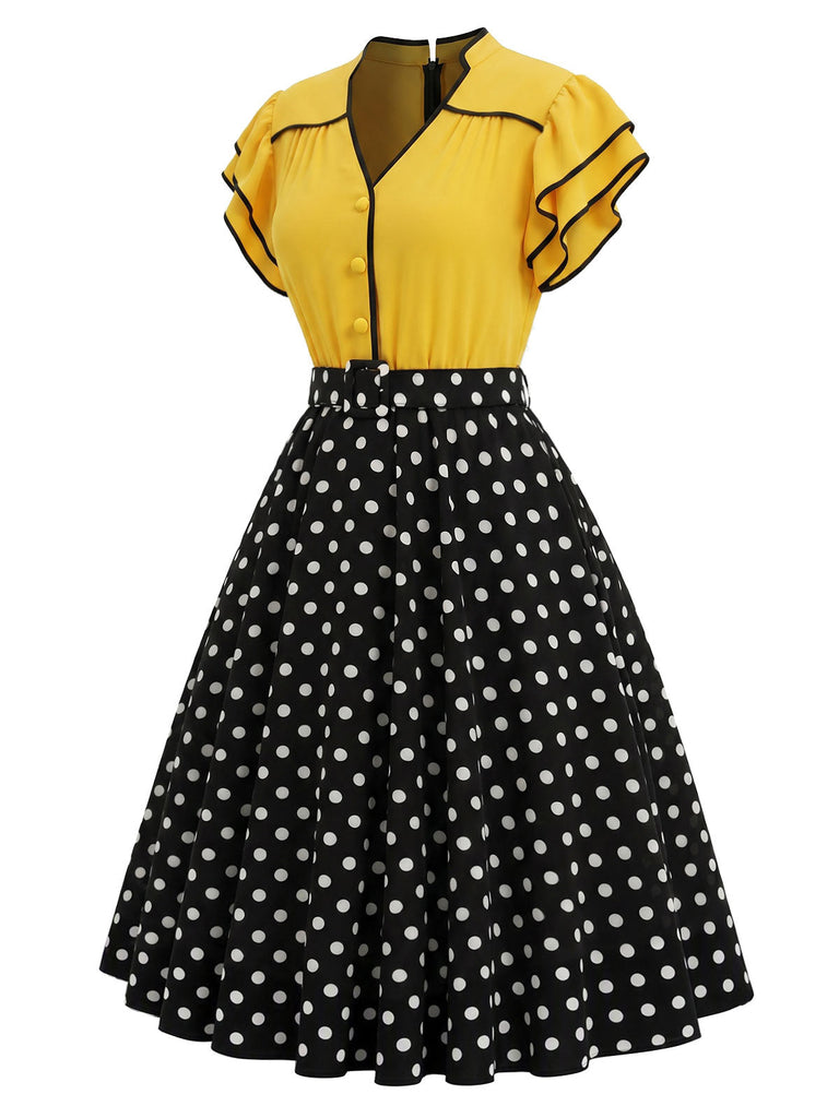 [Prévente] Robe Jaune et Noir à Pois Volant Patchwork Années 1950