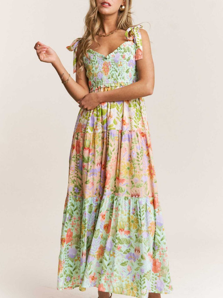 Robe Maxi Smockée à Bretelles Nouées Floral Années 30