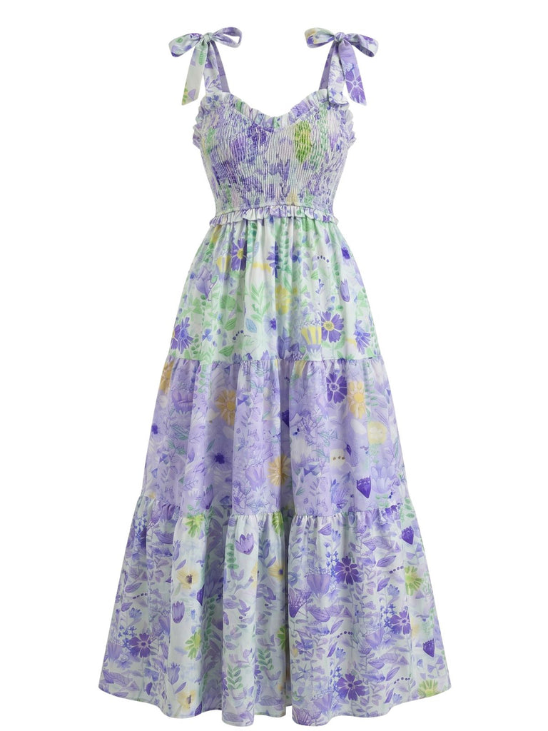 Robe Maxi Smockée à Bretelles Nouées Floral Années 30