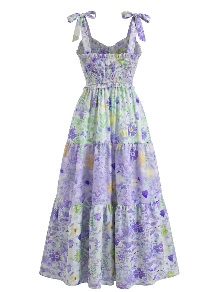 Robe Maxi Smockée à Bretelles Nouées Floral Années 30