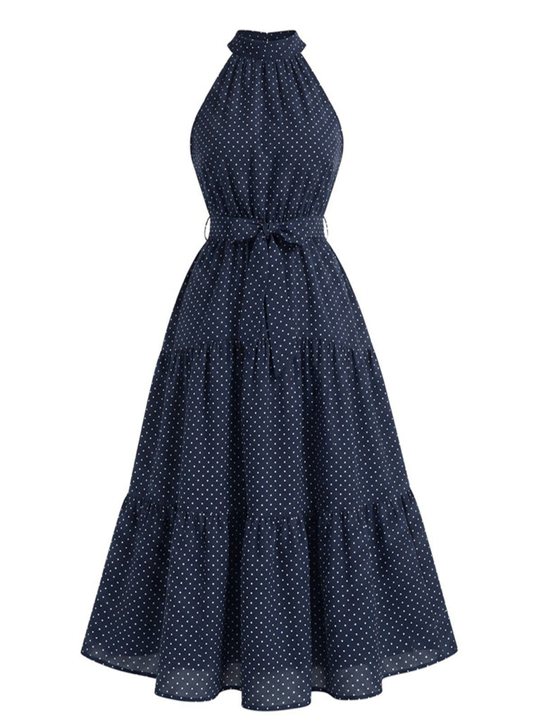 Robe midi évasée pois dos nu bleue foncé années 30