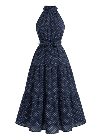 Robe midi évasée pois dos nu bleue foncé années 30