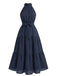 Robe midi évasée pois dos nu bleue foncé années 30