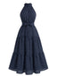 Robe midi évasée pois dos nu bleue foncé années 30