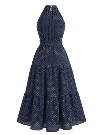 Robe midi évasée pois dos nu bleue foncé années 30