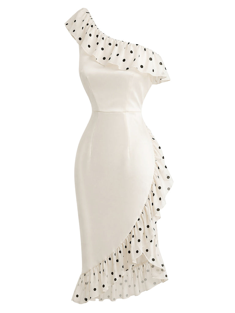 [Prévente] Robe Asymétrique Crème à Pois Volant Une Épaule Années 1960 3