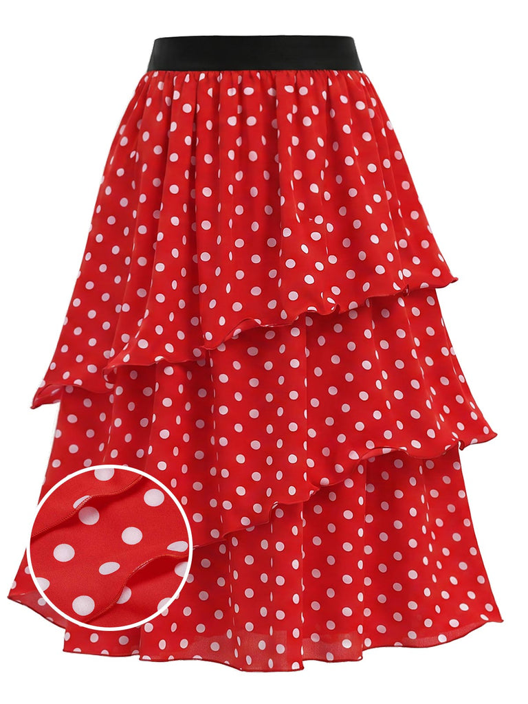 [Prévente] Jupe Rouge Taille Haute à Pois à Étages Volant Années 1940