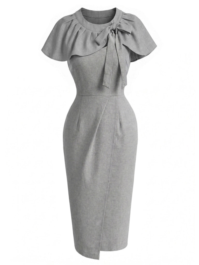 [Prévente] Ensemble 2 pièces gris avec robe crayon taille haute et cape à nœud années 1960