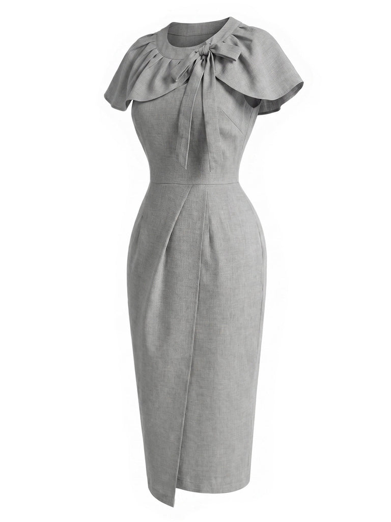 [Prévente] Ensemble 2 pièces gris avec robe crayon taille haute et cape à nœud années 1960