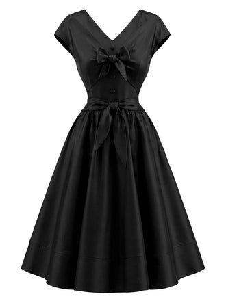 [Prévente] Robe évasée noire unie à col V et sans manches années 1950