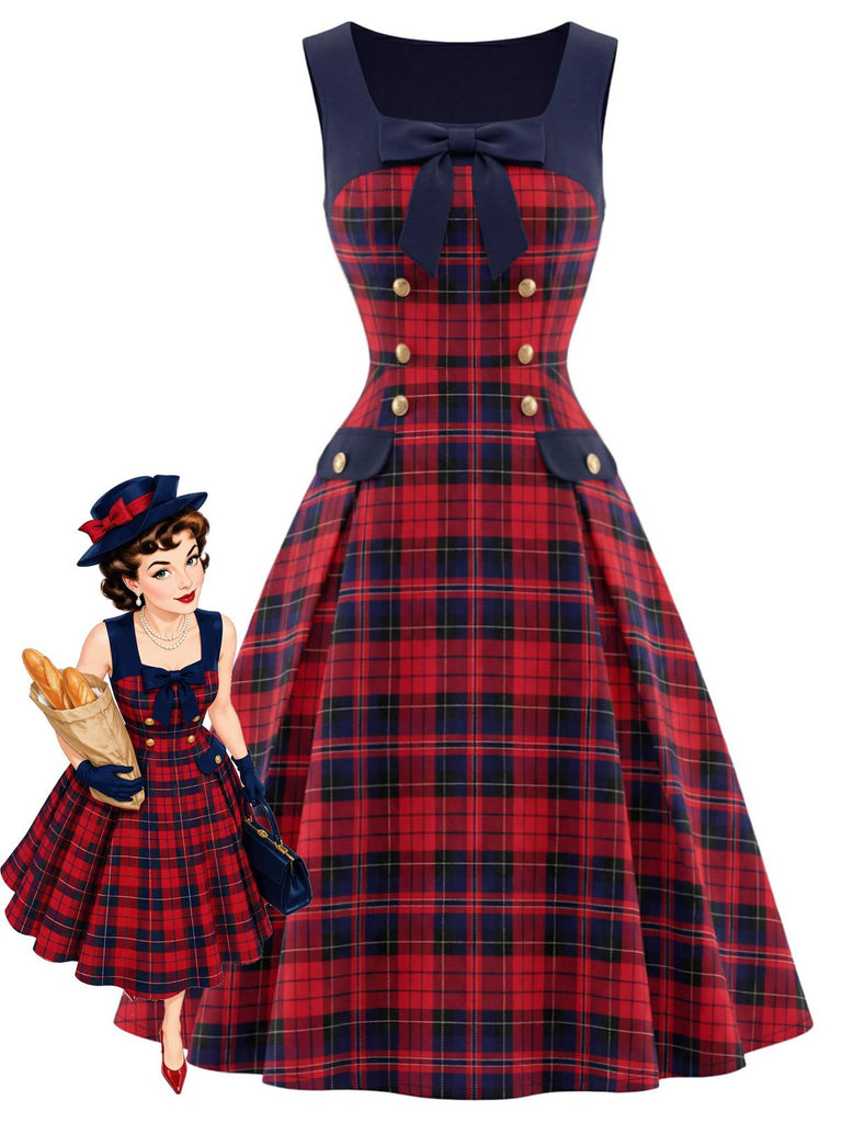 [Prévente] Robe à carreaux tartan col carré nœud et double boutonnage Années 1950
