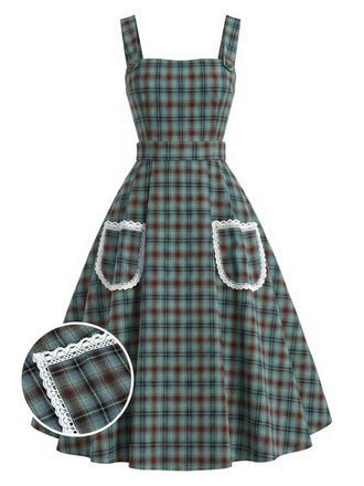 [Prévente] Robe Chasuble Verte à Carreaux Dentelle avec Poche Années 1950