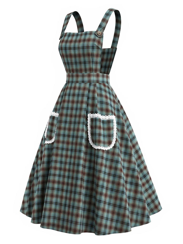 [Prévente] Robe Chasuble Verte à Carreaux Dentelle avec Poche Années 1950 3