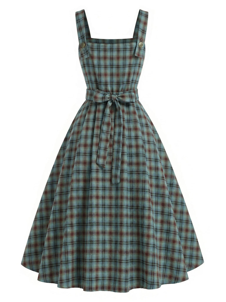 [Prévente] Robe Chasuble Verte à Carreaux Dentelle avec Poche Années 1950 4