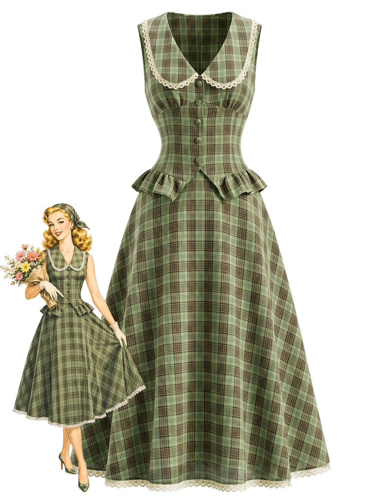 [Prévente] 2PCS vert lac motif écossais Claudine et jupe volants années 40