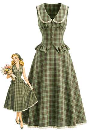 [Prévente] 2PCS vert lac motif écossais Claudine et jupe volants années 40
