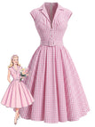 [Prévente] Robe Rose Vichy Revers Col V Ceinturé Évasé Années 1940