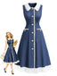 [Prévente] Robe bleue jean empiècements dentelle et col Chelsea années 1960
