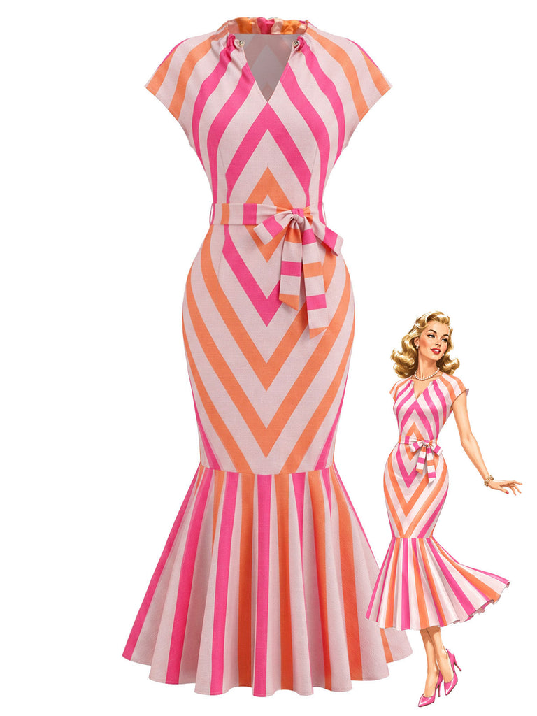 [Pre-Sale] Orange Red 1960s Floral Striped Dress