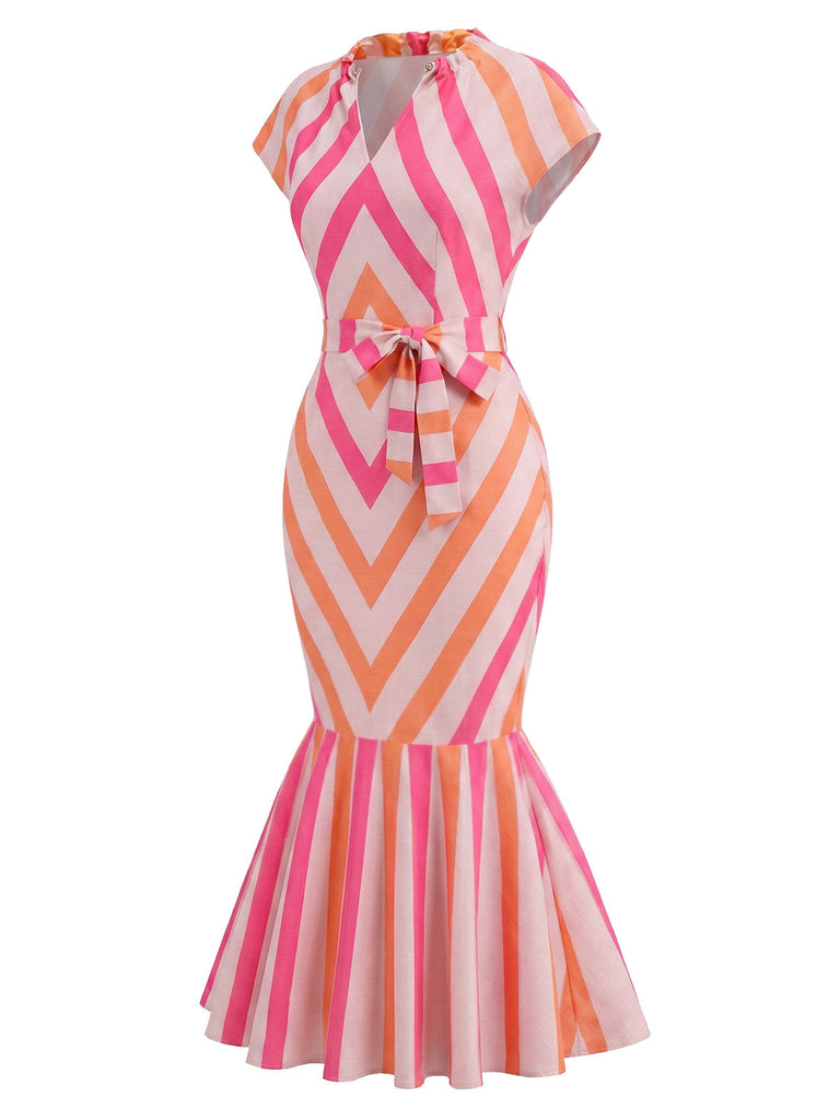 [Pre-Sale] Orange Red 1960s Floral Striped Dress 4