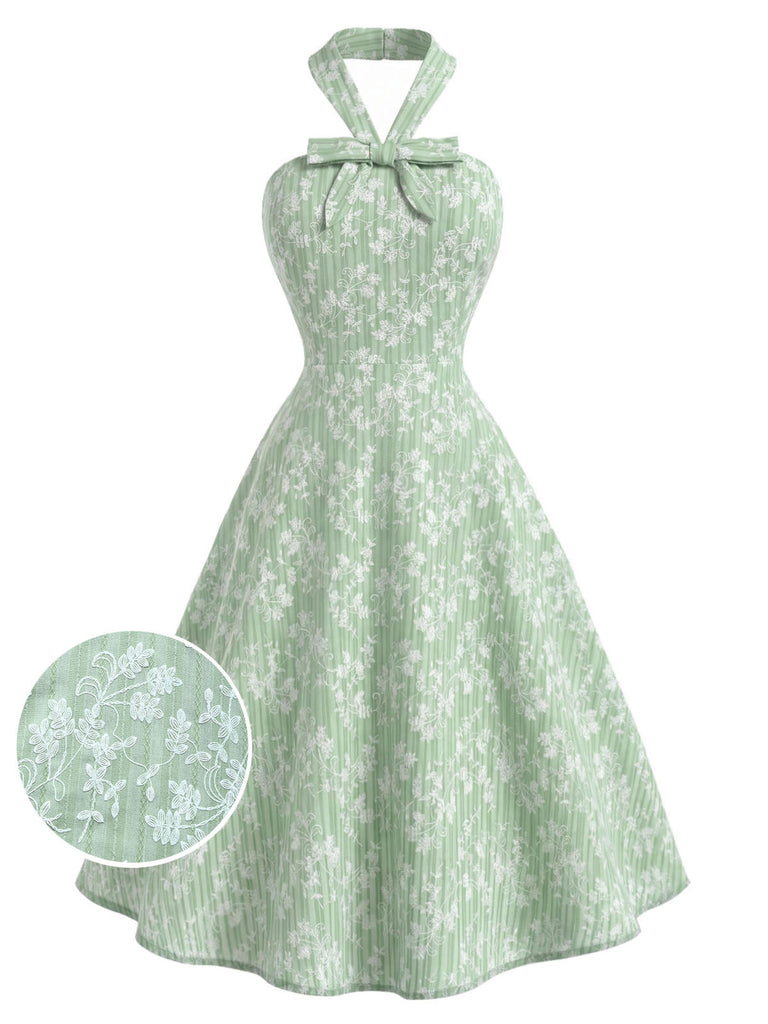 [Prévente] Robe Vert Menthe Floral Coton Dos Nu Nœud Évasé Années 1940