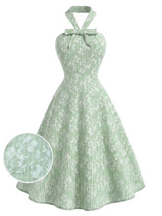 [Prévente] Robe Vert Menthe Floral Coton Dos Nu Nœud Évasé Années 1940