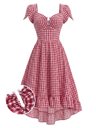 [Prévente] Robe Rouge Vichy Manches Tulipe Asymétrique Volant Années 1940
