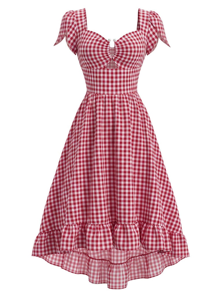 [Prévente] Robe Rouge Vichy Manches Tulipe Asymétrique Volant Années 1940 2
