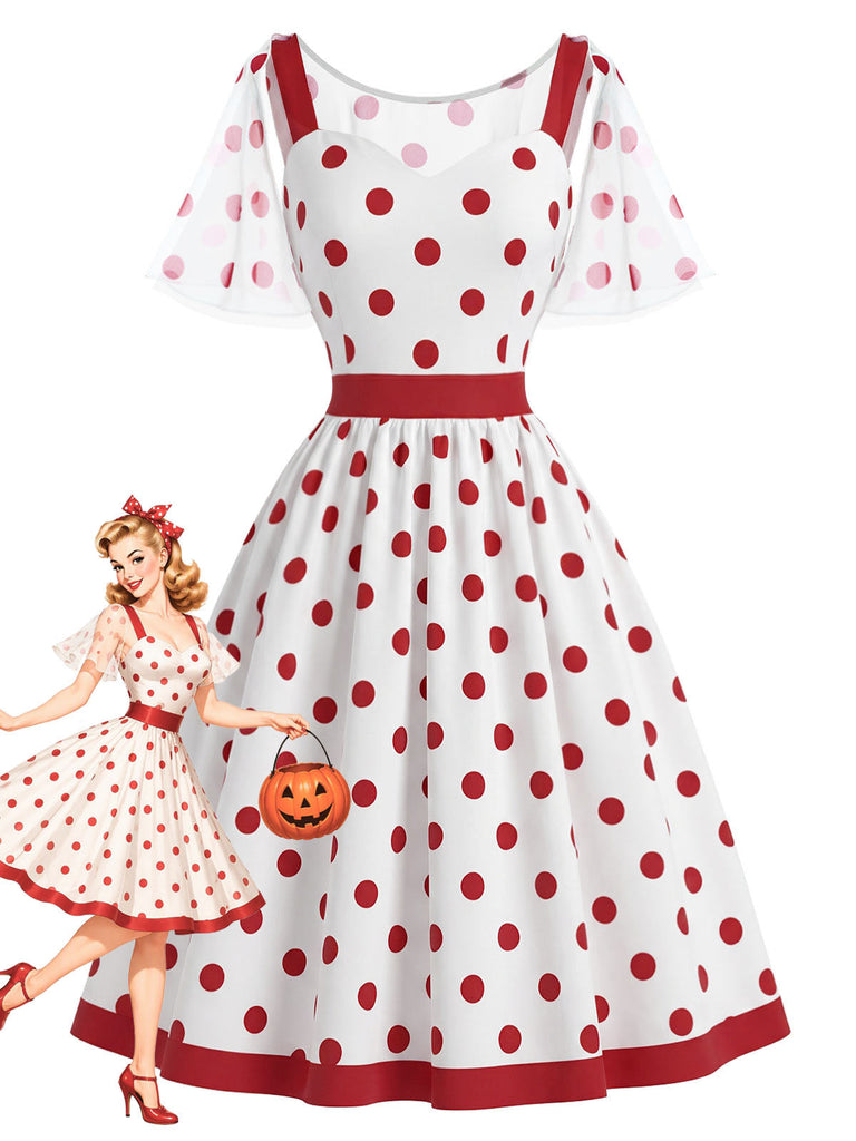 [Prévente] Robe Rouge Blanc à Pois avec Detachable Filet Cape Années 1950