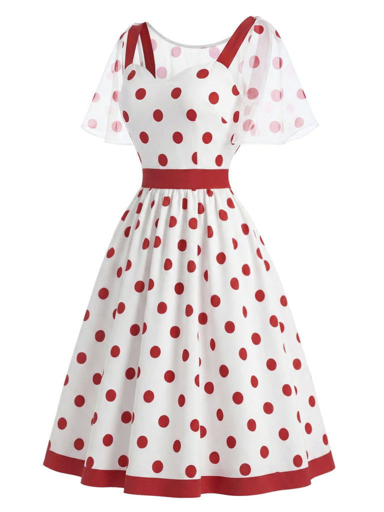 [Prévente] Robe Rouge Blanc à Pois avec Detachable Filet Cape Années 1950