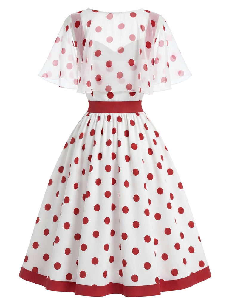 [Prévente] Robe Rouge Blanc à Pois avec Detachable Filet Cape Années 1950