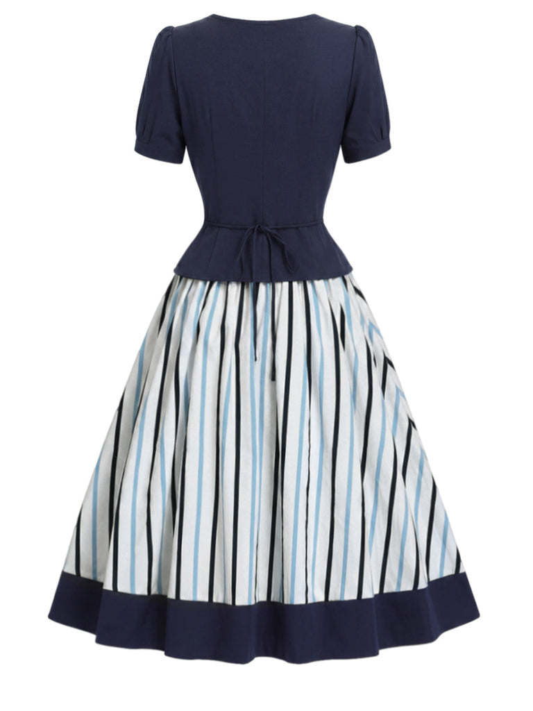 [Prévente] 2PCS Blouse Ajustée à Col Revers et Jupe à Rayures Verticales Bleu Années 1950