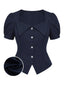 [Prévente] Blouse bleu foncé cintrée manches courtes bouffantes et col revers années 50