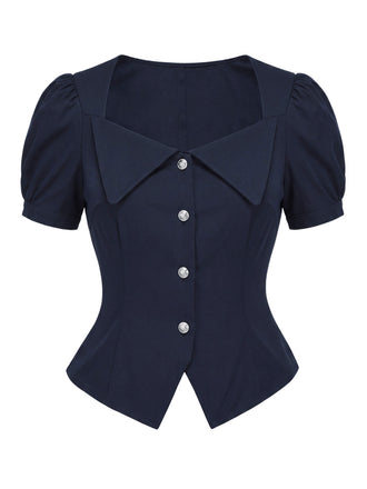 [Prévente] Blouse Ajustée à Col Revers et Manches Courtes Bouffantes Bleu Profond Années 1950