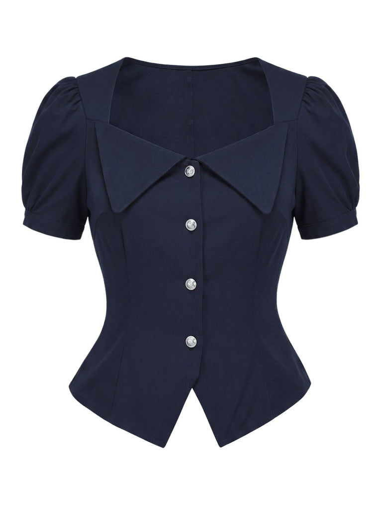 [Prévente] 2PCS Blouse Ajustée à Col Revers et Jupe à Rayures Verticales Bleu Années 1950