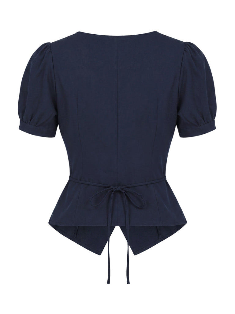 [Prévente] 2PCS Blouse Ajustée à Col Revers et Jupe à Rayures Verticales Bleu Années 1950