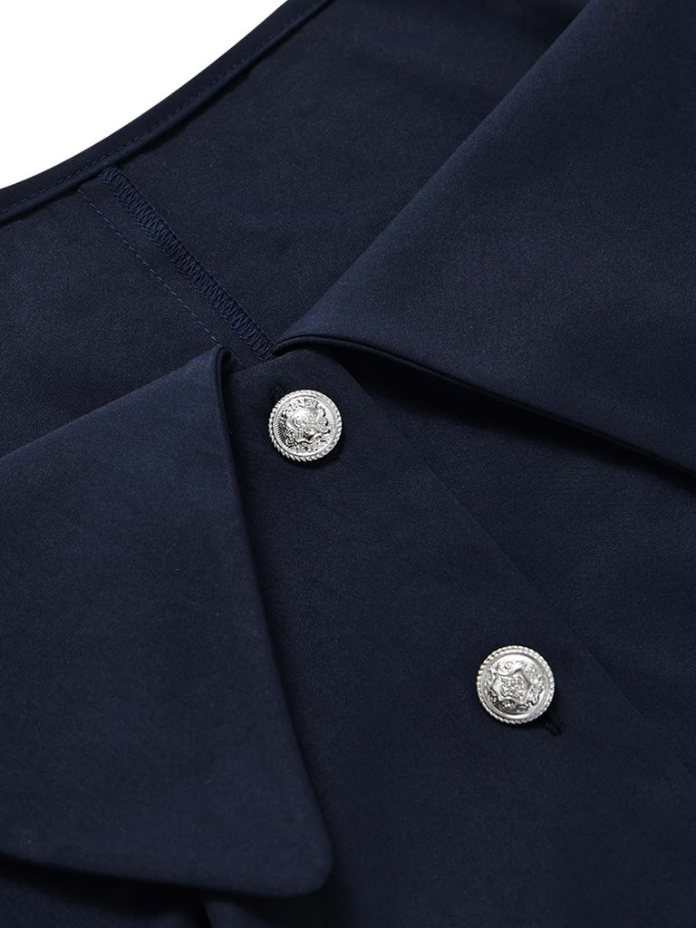 [Prévente] 2PCS Blouse Ajustée à Col Revers et Jupe à Rayures Verticales Bleu Années 1950