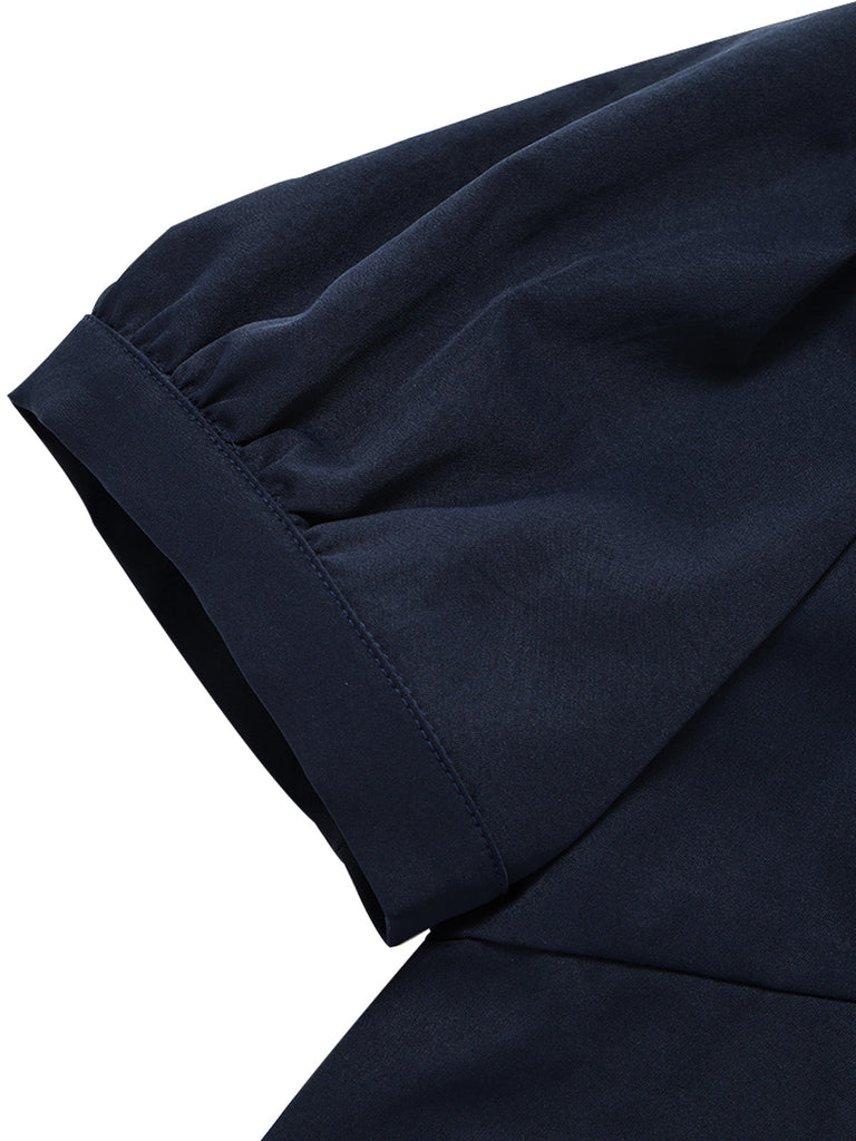 [Prévente] 2PCS Blouse Ajustée à Col Revers et Jupe à Rayures Verticales Bleu Années 1950