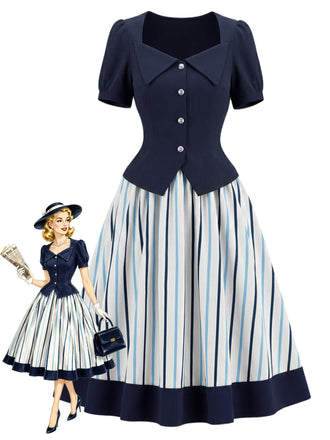 [Prévente] 2PCS Blouse Ajustée à Col Revers et Jupe à Rayures Verticales Bleu Années 1950