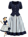 [Prévente] 2PCS Blouse Ajustée à Col Revers et Jupe à Rayures Verticales Bleu Années 1950